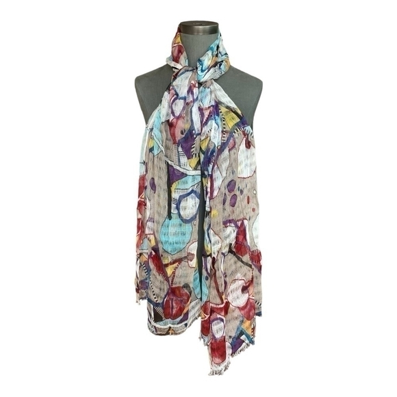 Women Fringe Scarf PASSIGATTI Italy Multicolored Abstract Print Shawl Mesh Wrap - Picture 4 of 8